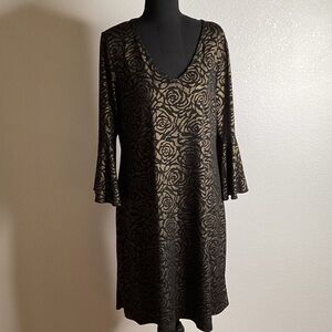 MSK Black and Gold Rose Pattern Dress with Bell Sleeves